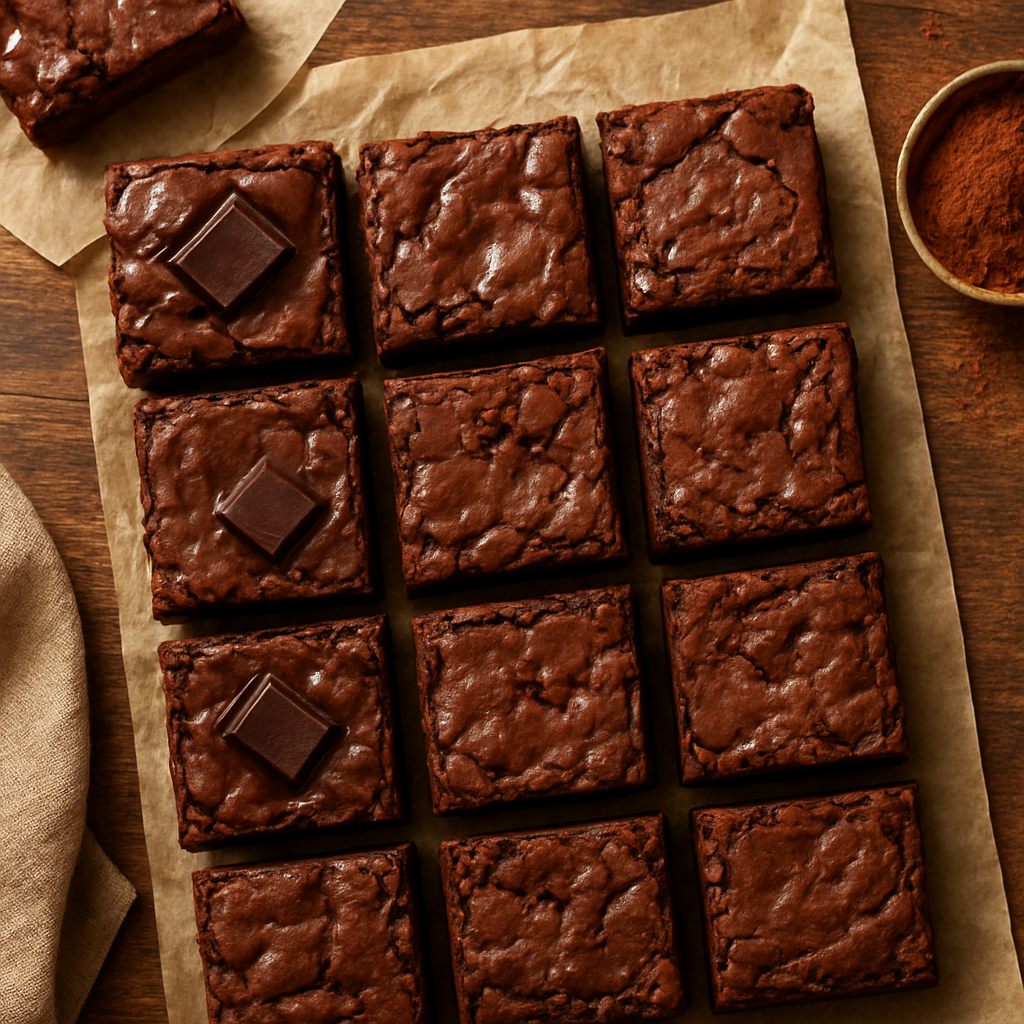Array of gourmet brownies on parchment