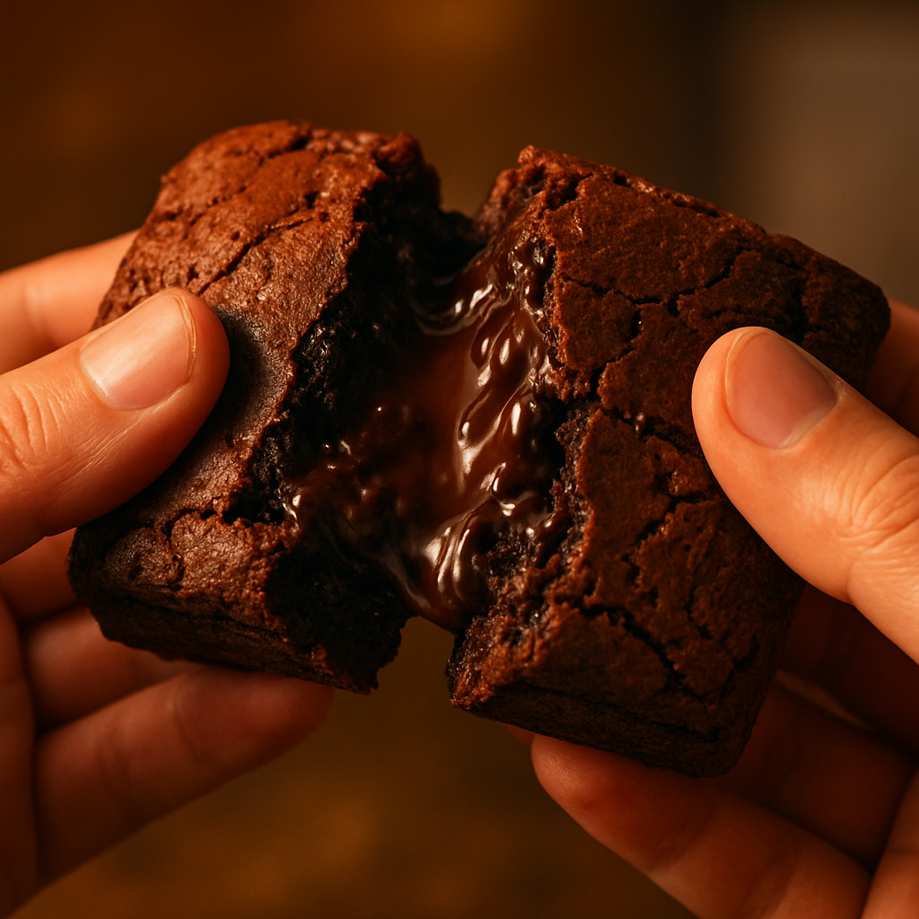 Hands breaking a fudgy brownie in half